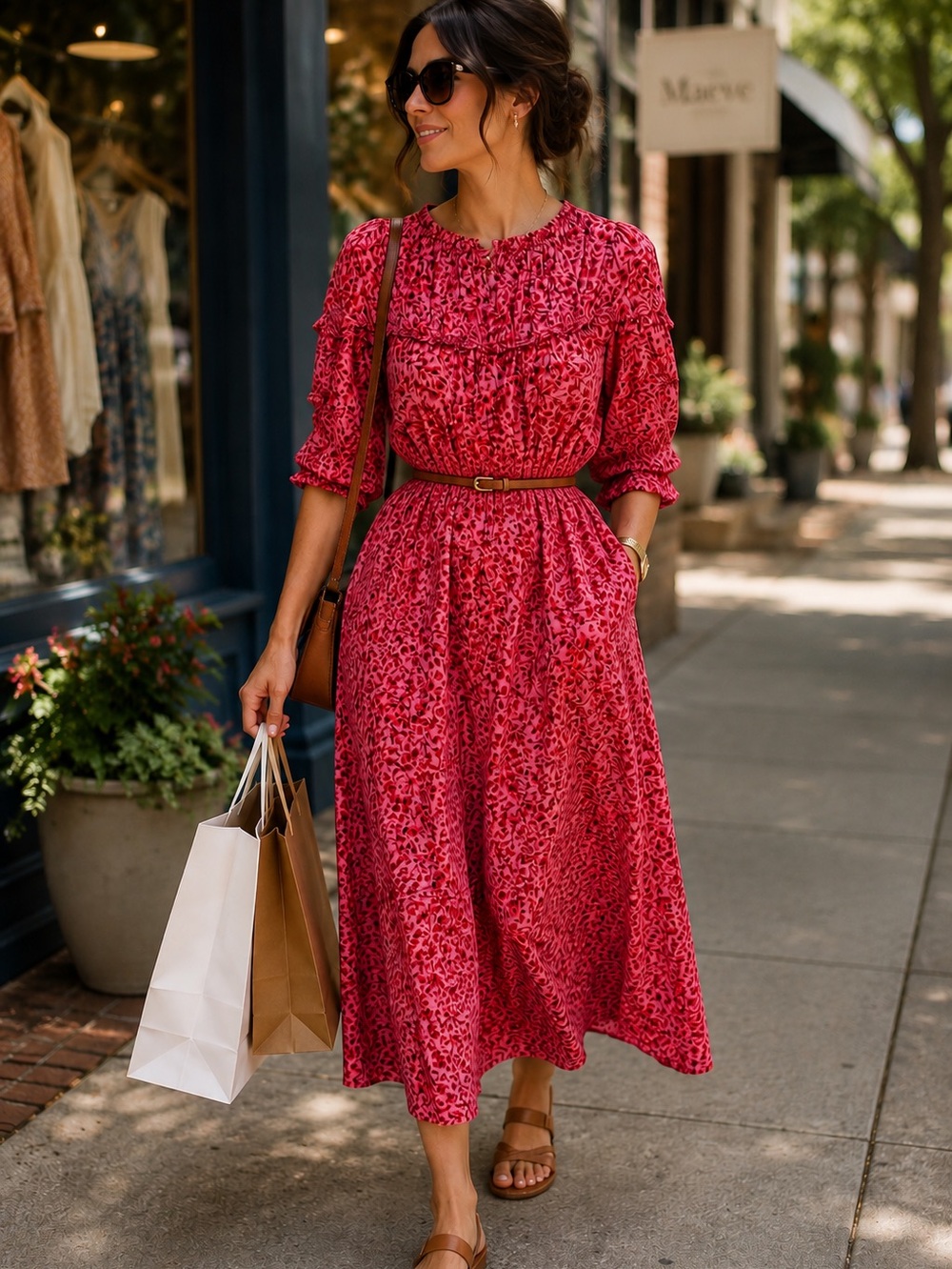 Boden Red Floral Midi Dress size 10. Cottage core yoke neck smocked sleeve